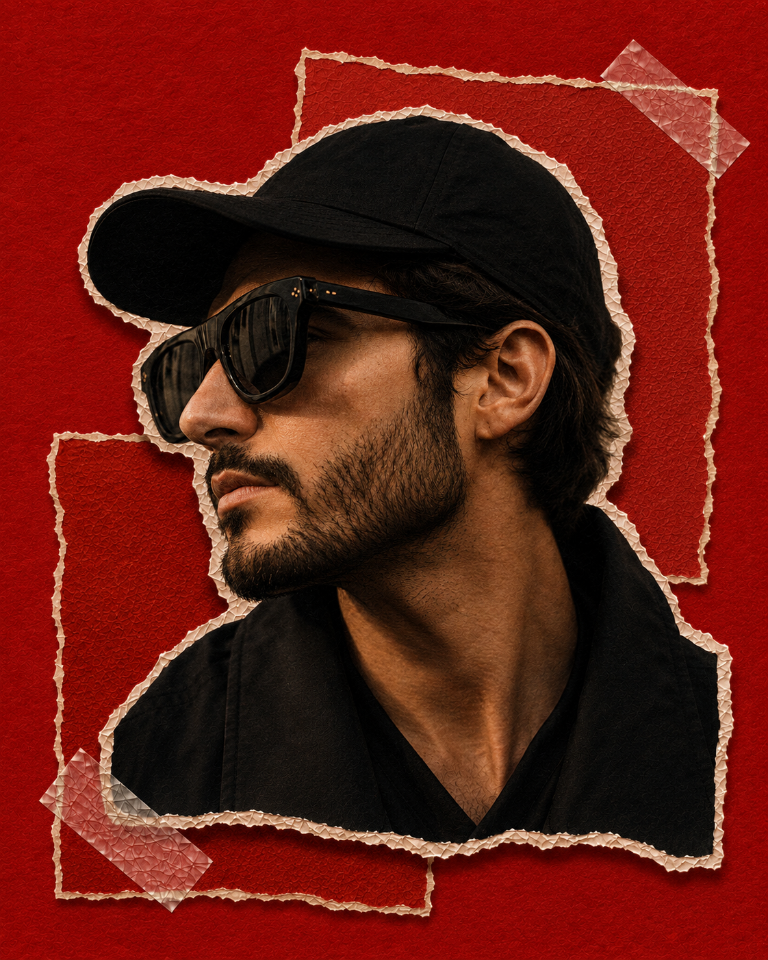 Profile portrait of a man wearing a black cap against a red-and-black background.