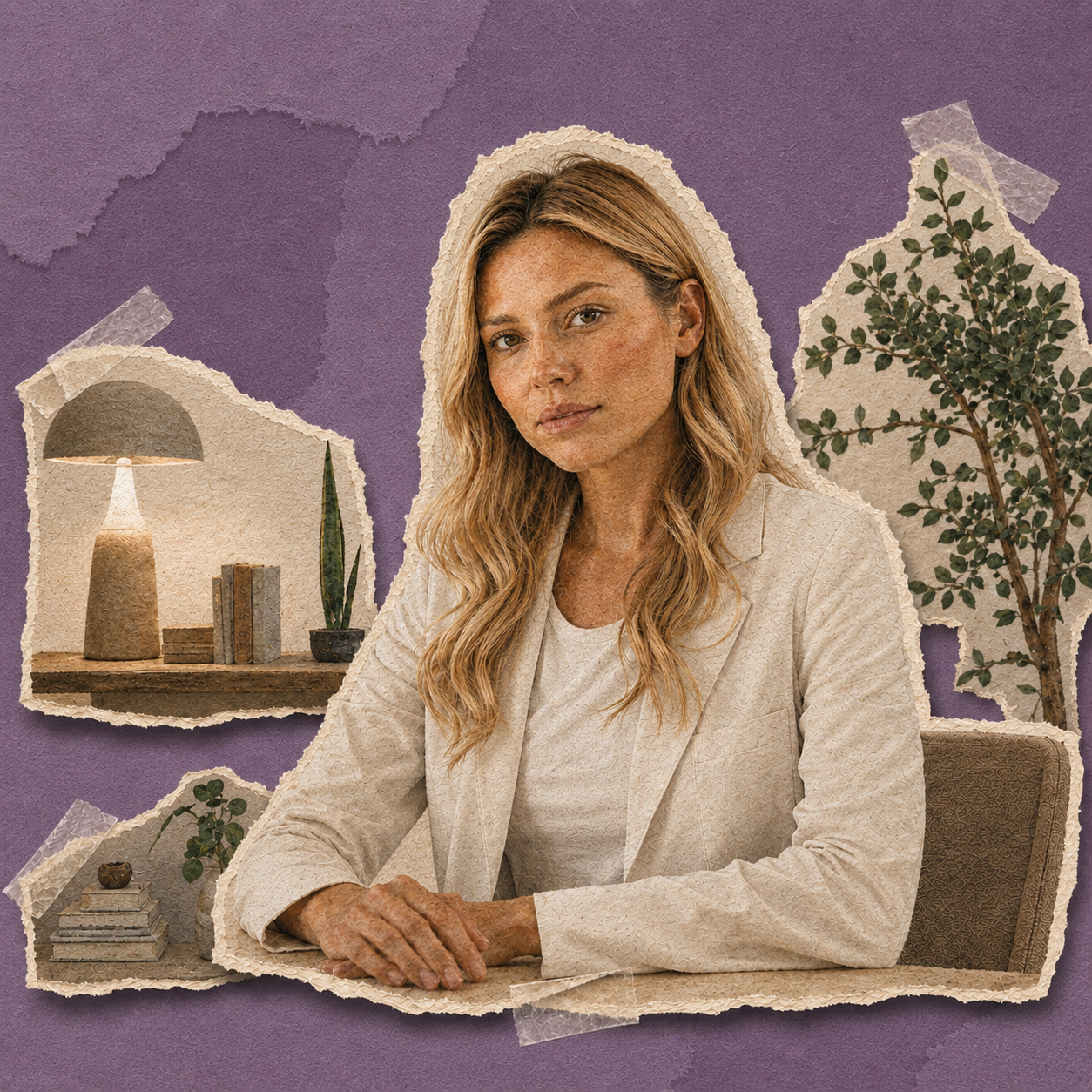 Woman sitting at a table with skincare products.