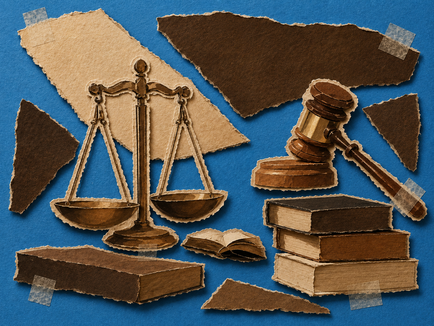 Balance scales surrounded by abstract editorial elements.