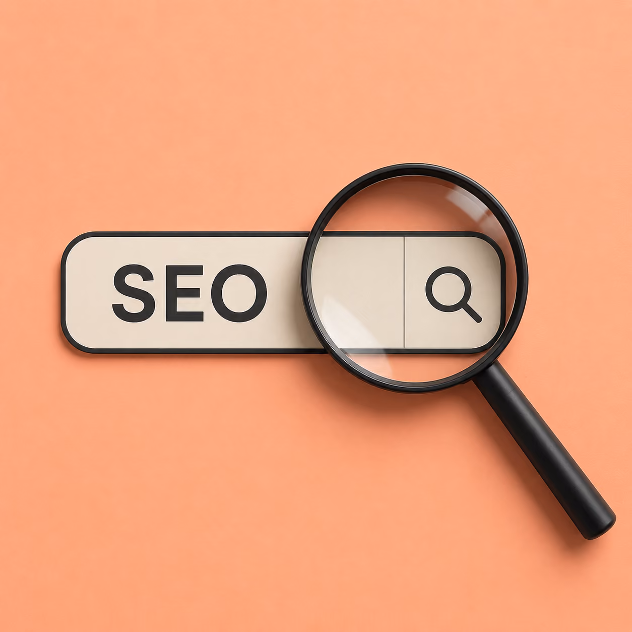 Search bar with the word SEO and a magnifying glass focusing on the search icon on a peach background.