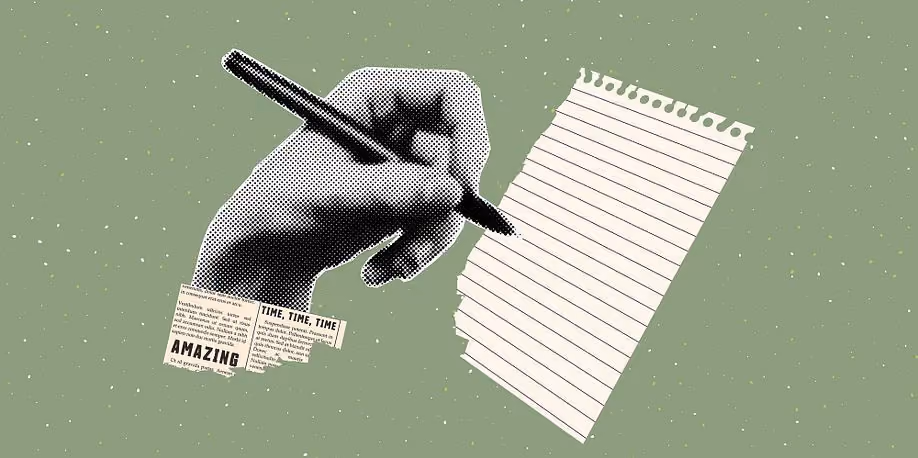 Black and white halftone hand holding pen writing on blank lined torn paper on green background.