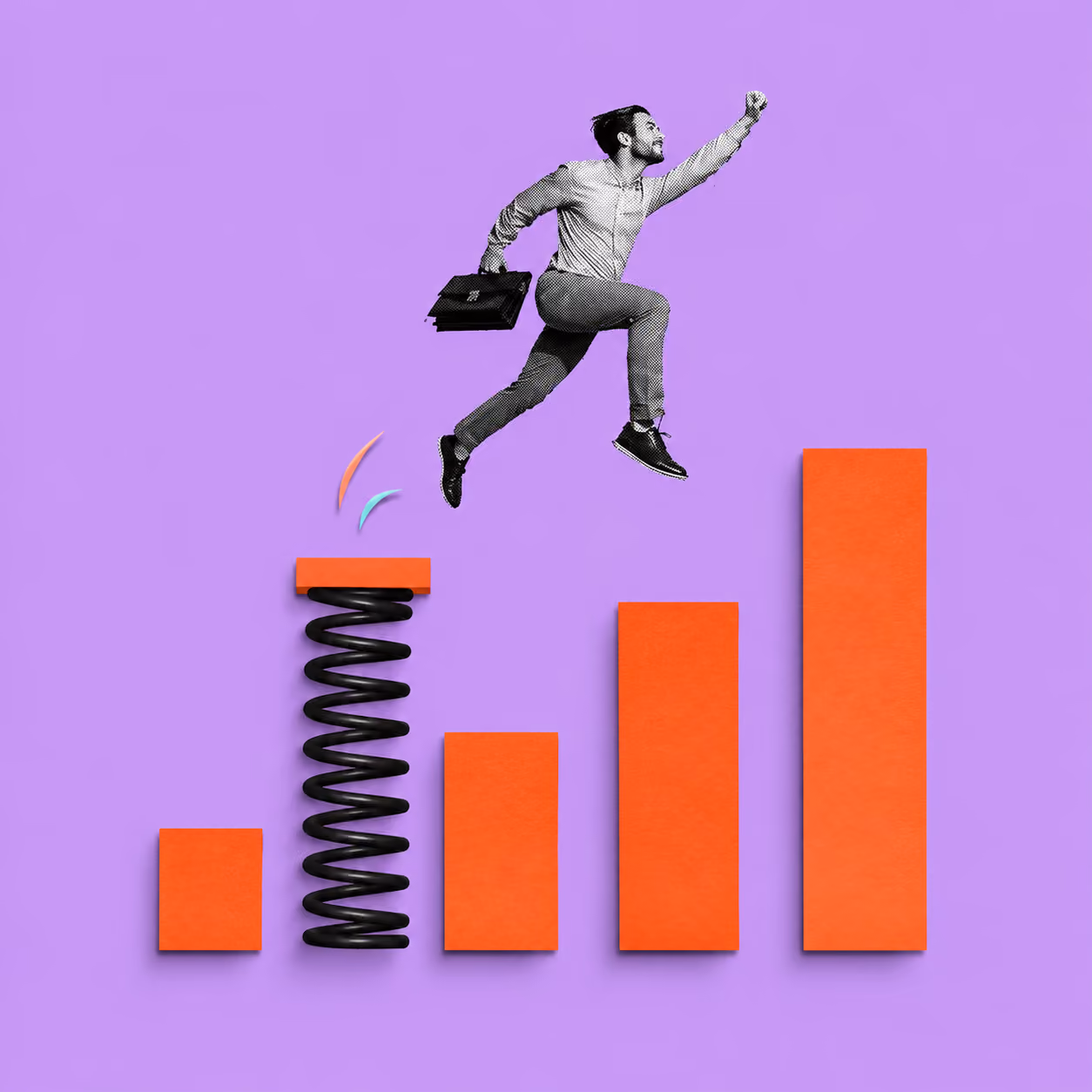 Man with briefcase jumps high using a spring on a purple background with ascending orange bars.