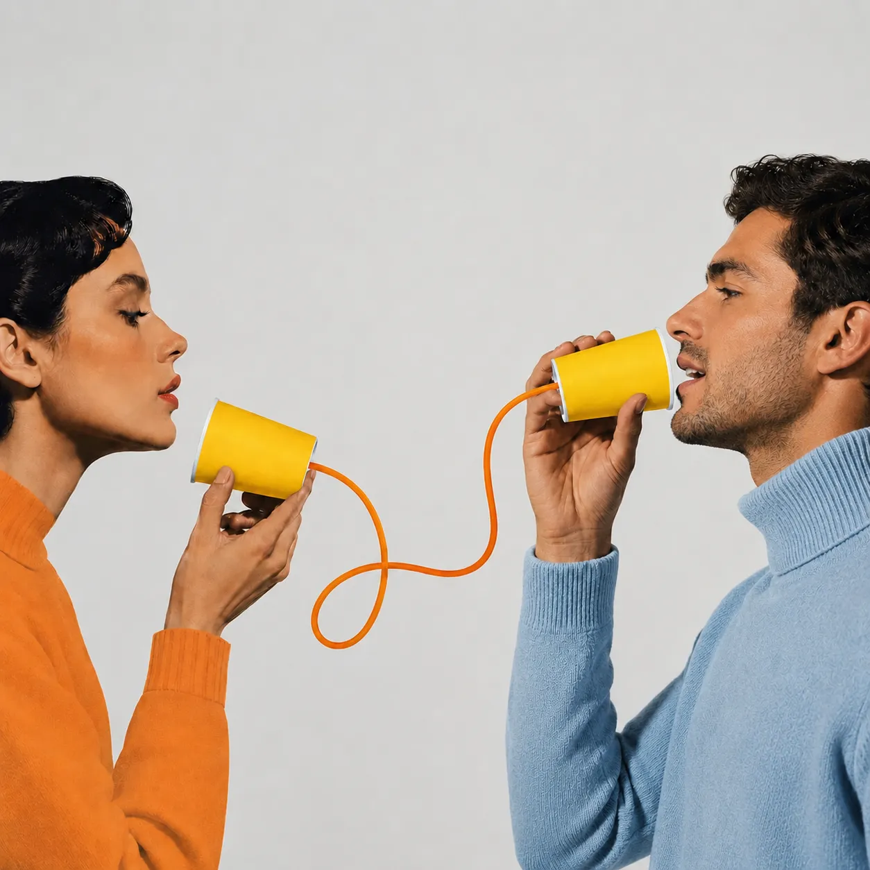 A woman and man using yellow paper cups connected by an orange string as a toy telephone.
