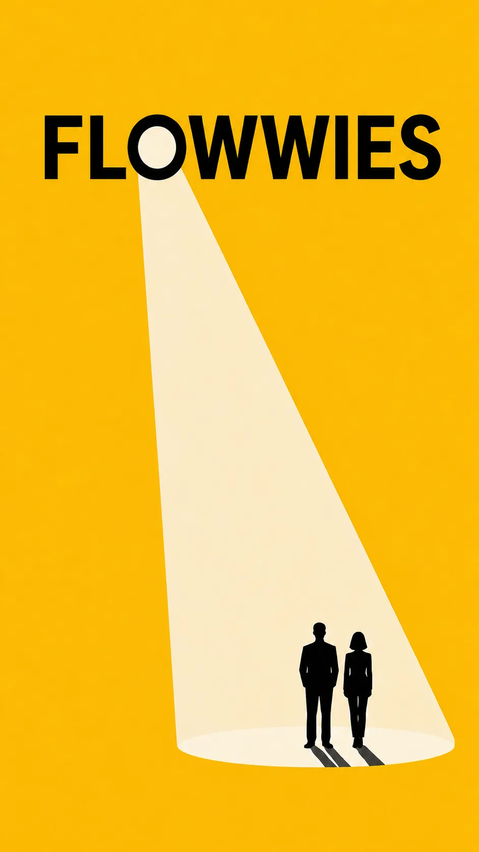 Silhouettes of a man and woman standing in a spotlight shaped like the letter O in 'FLOWWIES'.