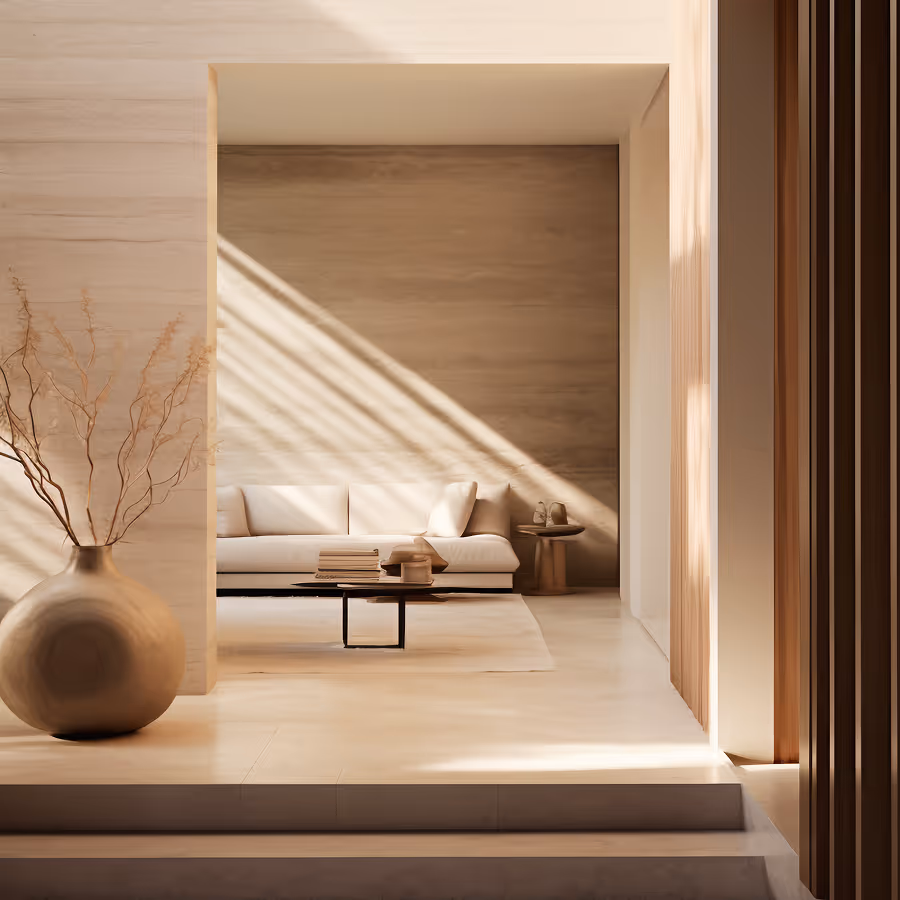 Minimalist living room with beige sofa, low wooden coffee table, large decorative vase with dried branches, and sunlight casting diagonal shadows.