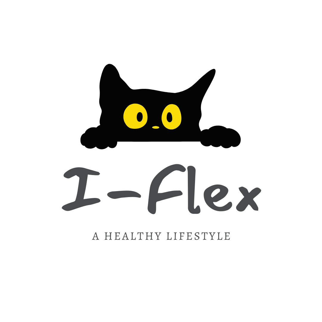Black cat with yellow eyes peeking over text that reads I-Flex and a healthy lifestyle.