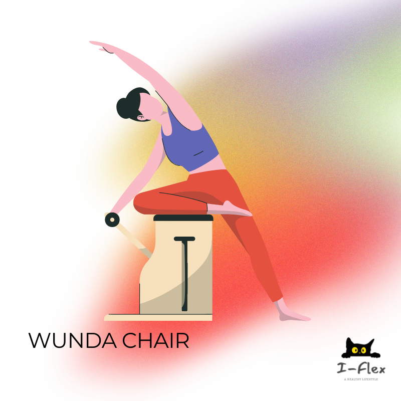 Illustration of a woman in workout clothing performing a side stretch using a Wunda Chair pilates equipment.