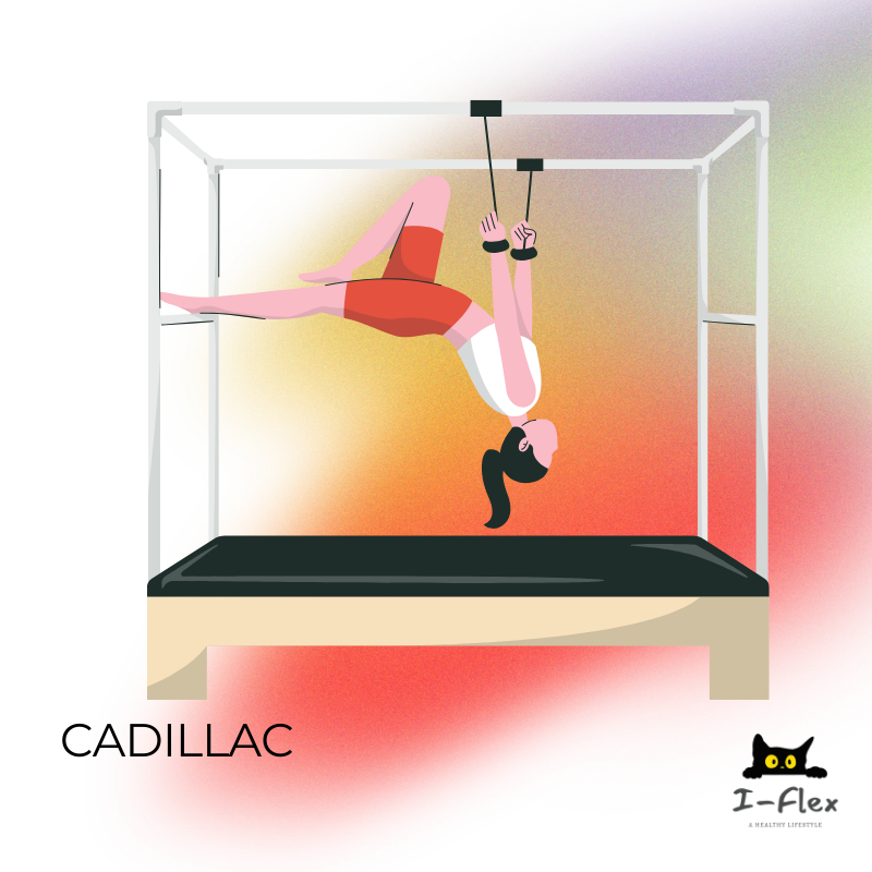 Illustration of a woman with black hair in a ponytail performing a Cadillac exercise hanging upside down from wrist straps on a Pilates reformer machine.