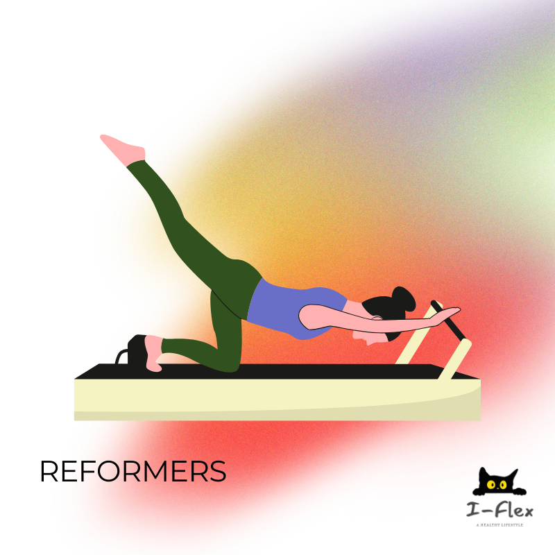Illustration of a woman exercising on a reformer machine, stretching one leg up and holding handles.