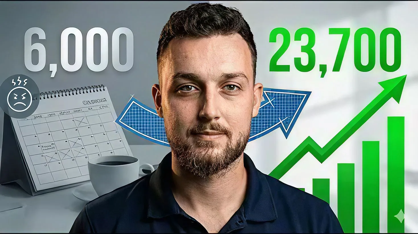 Man with short dark hair and beard in front of graphics showing a calendar and coffee cup with 6,000 in gray and a green upward bar graph with 23,700.