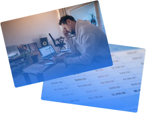 Man sitting at a desk with his hand on his forehead looking stressed, with a laptop and papers around him, overlaid on a blurred financial spreadsheet.