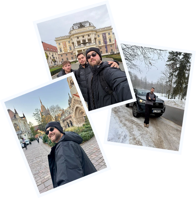 Collage of three photos featuring people outdoors: one with a man standing beside a black Toyota on a snowy road, one with three men posing in front of a historic building, and one with a man smiling on a paved street with old architecture.