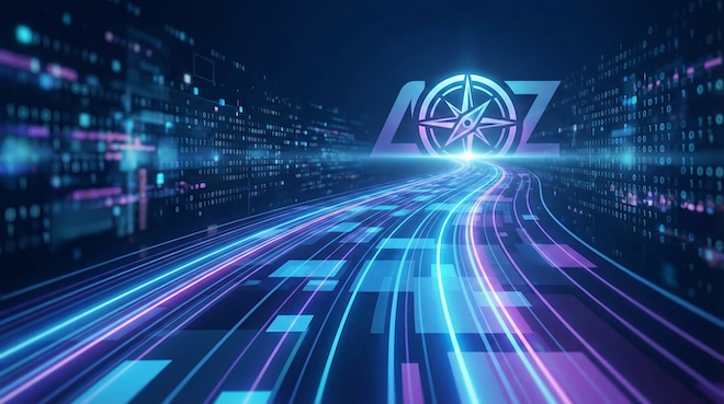 A futuristic digital highway leading toward a glowing compass, symbolizing the strategic roadmap for a professional services firm navigating the digital marketplace.