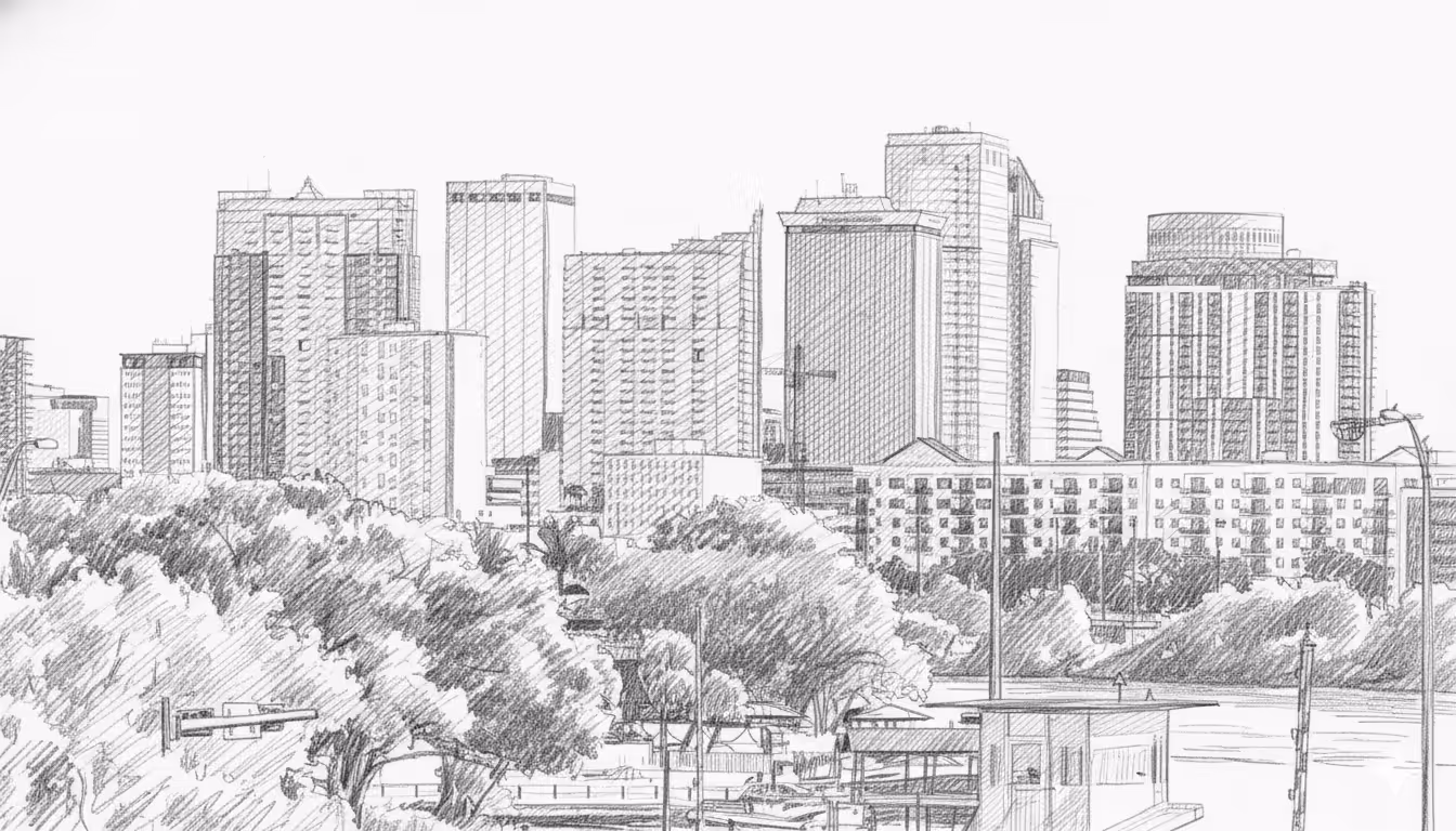 Black and white storyboard pencil sketch of urban city skyline with tall buildings and trees near water.