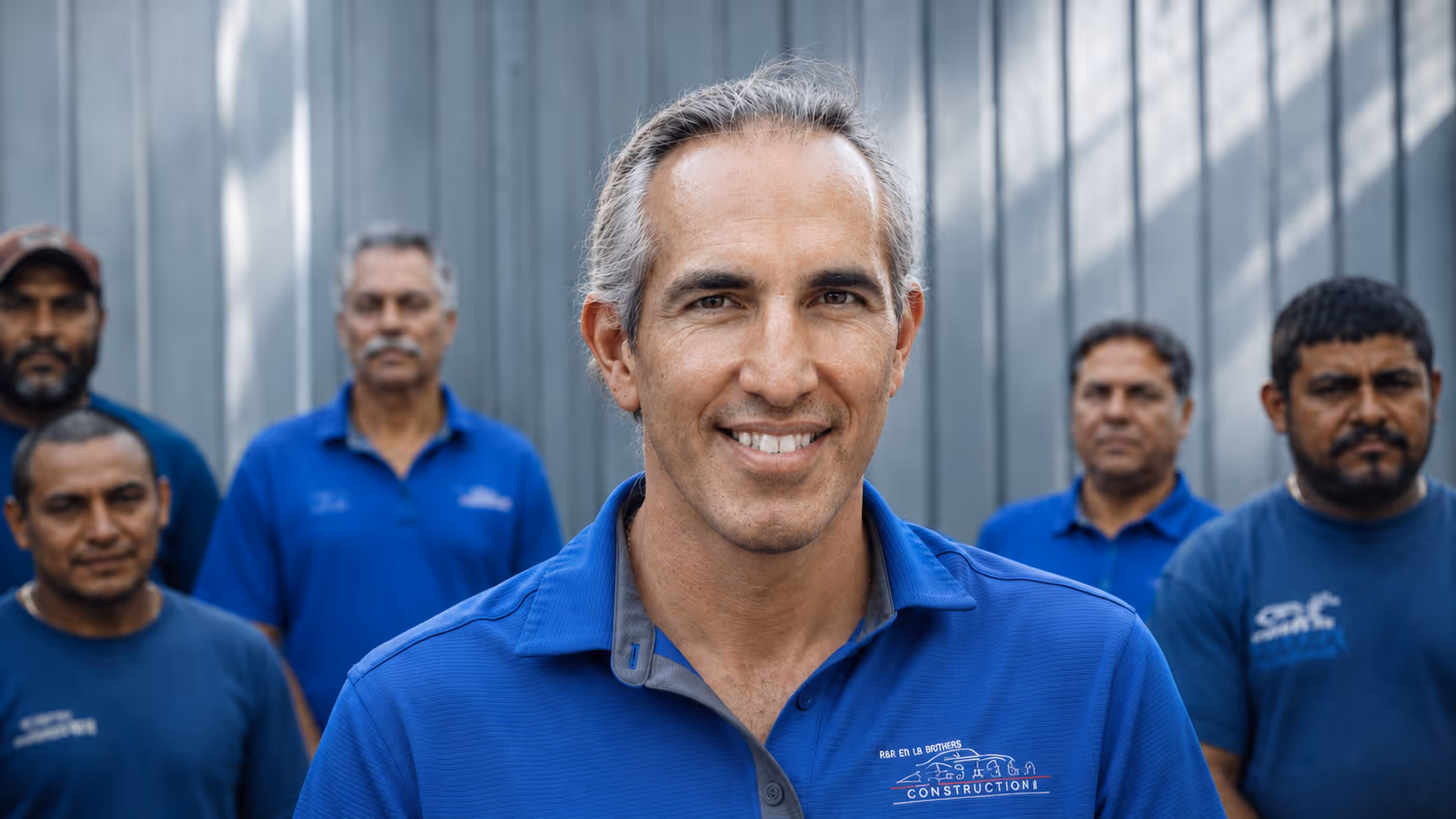 Smiling man in blue work shirt stands in front of five men in blue shirts against a gray wall.