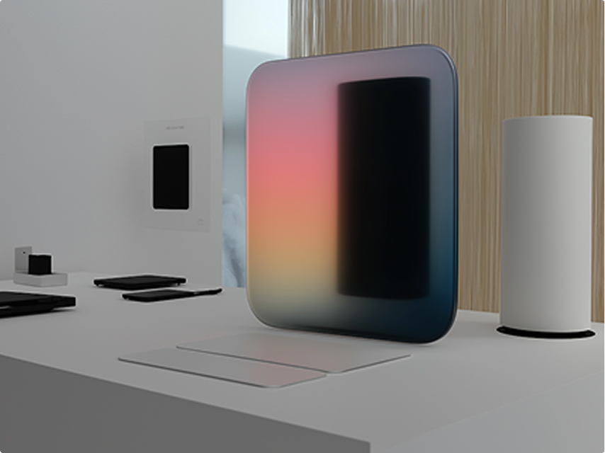 A white table displaying a phone, a speaker, and a lamp arranged neatly on its surface.