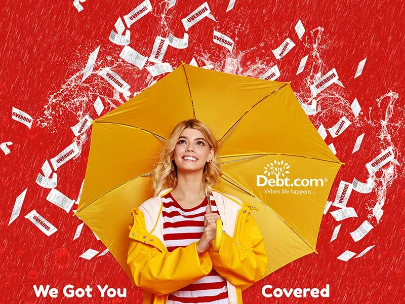 Smiling woman in yellow jacket holding a yellow umbrella shielding her from falling 'OVERDUE' bills on a red background with Debt.com logo and text 'We Got You Covered'.