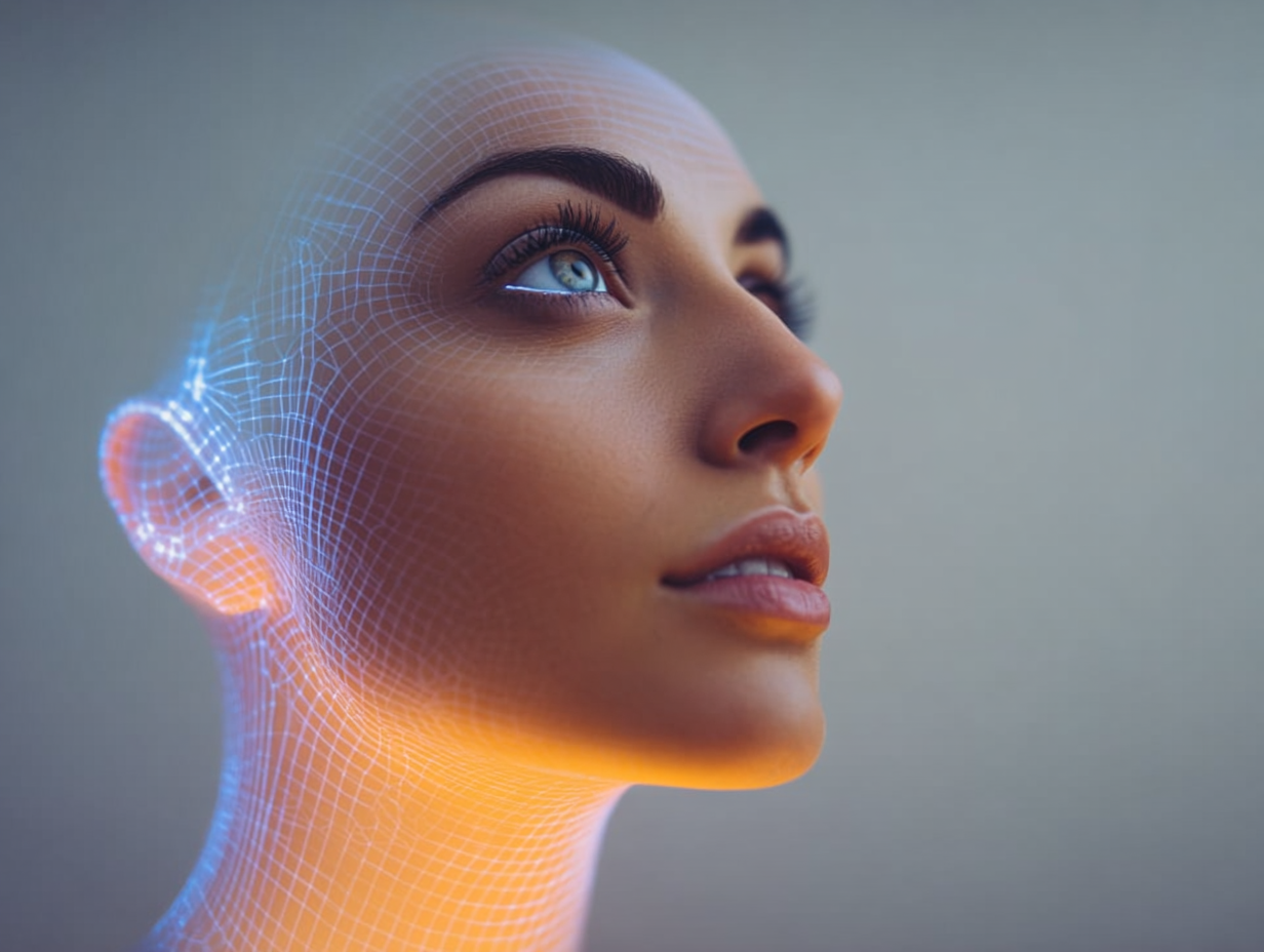 Profile of a woman’s face with a digital grid overlay and glowing orange light under her chin, symbolizing AI or digital transformation.