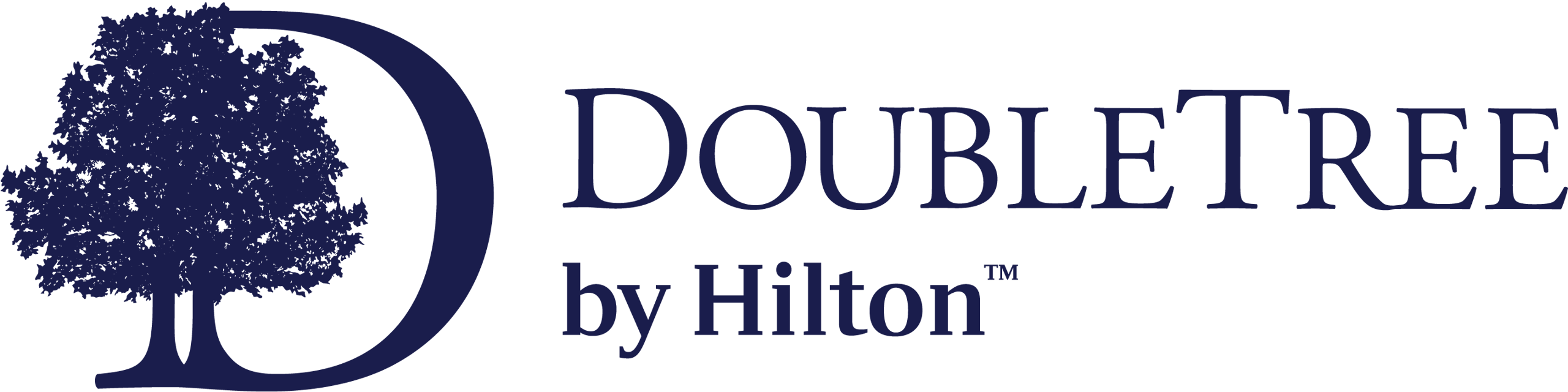DoubleTree by Hilton logo featuring a large stylized tree and the brand name in navy blue.