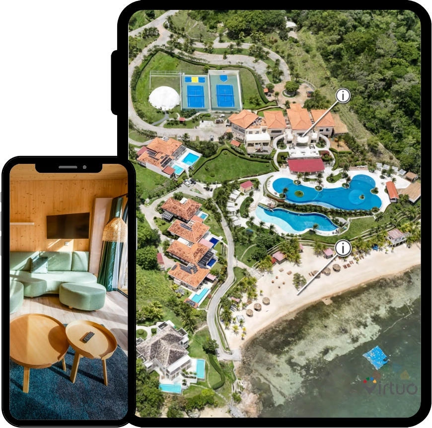 Smartphone and tablet showing a green-themed living room interior and an aerial view of a tropical resort with pools, tennis courts, beach, and lush greenery.