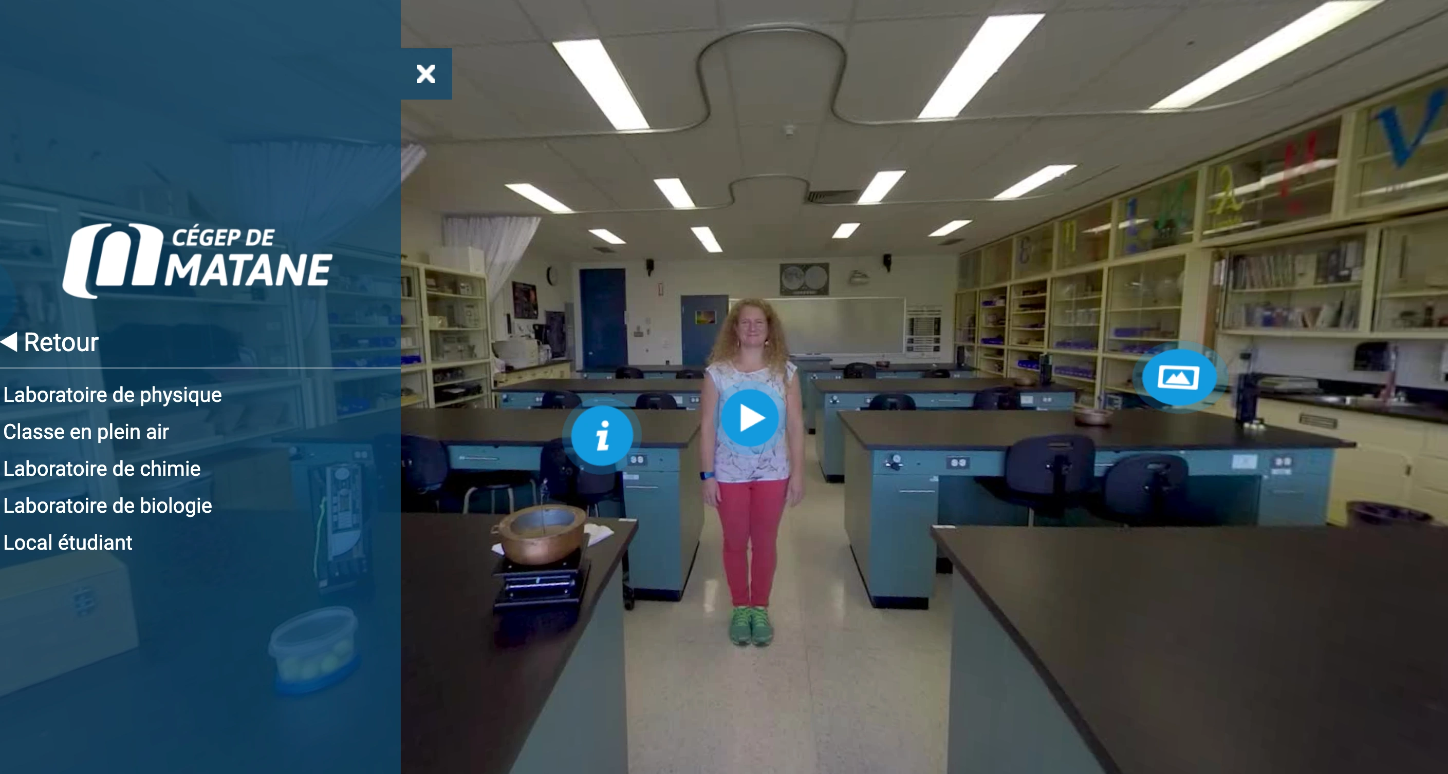 Aerial view of Cégep de Matane campus with parking lots, surrounding greenery, and navigational menu on the left listing academic programs in French.