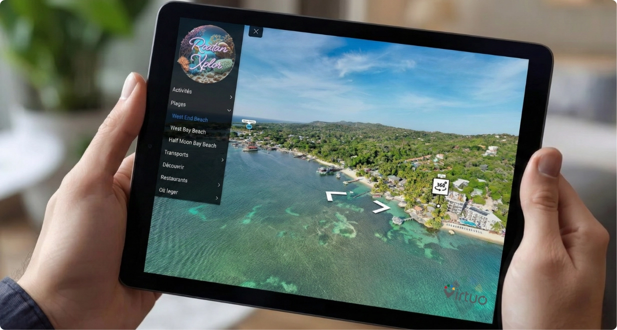 Aerial view of Cégep de Matane campus with parking lots, surrounding greenery, and navigational menu on the left listing academic programs in French.