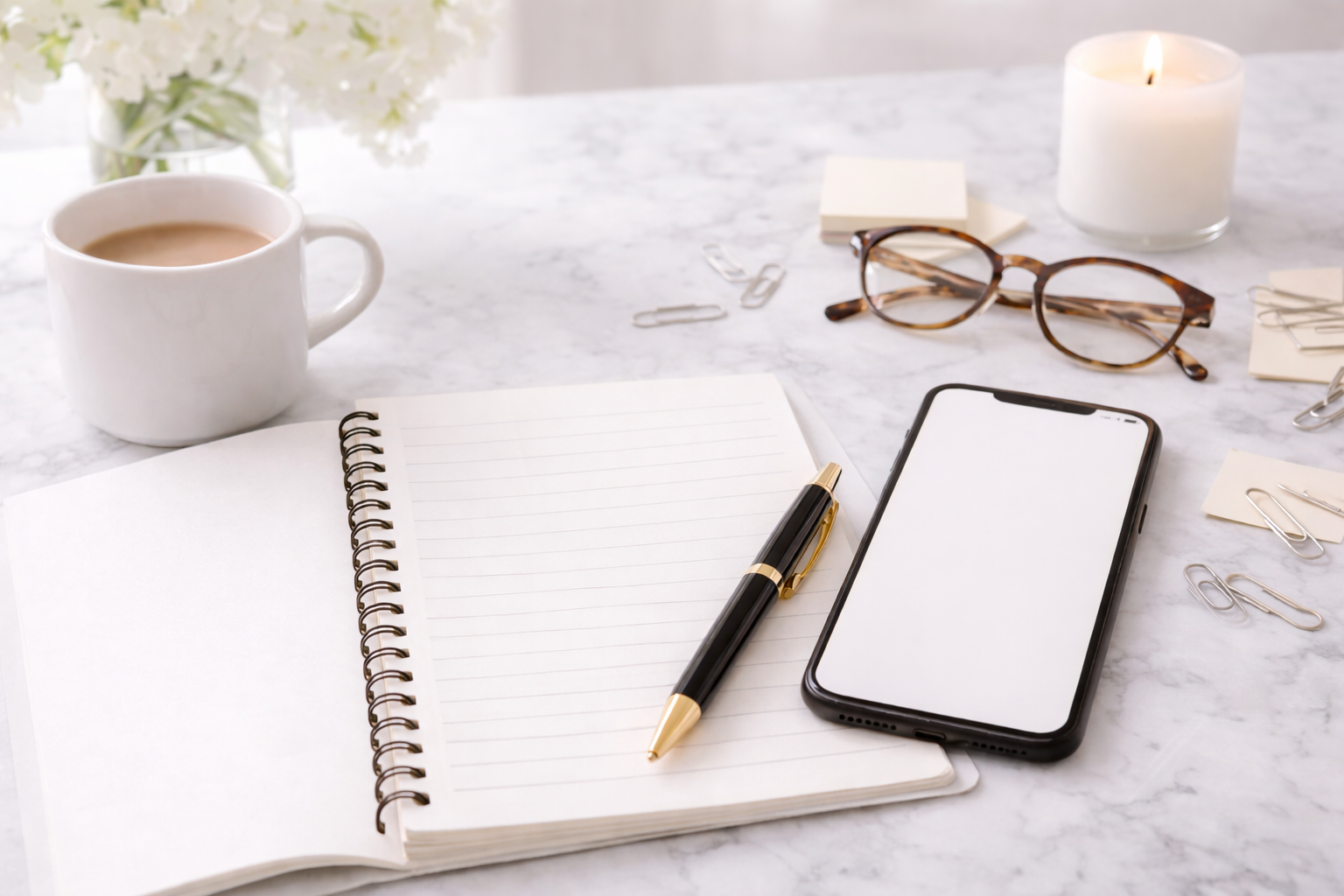 Bright, minimal workspace on a white marble surface featuring an open notebook, black and gold pen, smartphone with blank screen, coffee mug, glasses, candle, and soft white flowers in the background.