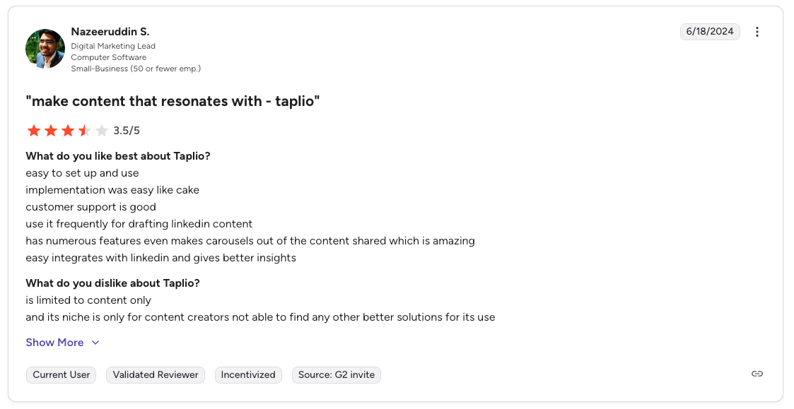 Taplio uses review