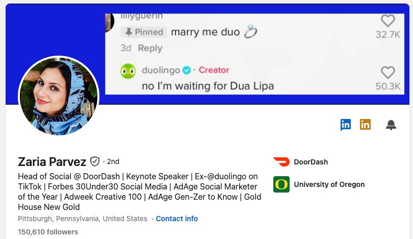 Zaria Parvez LinkedIn profile