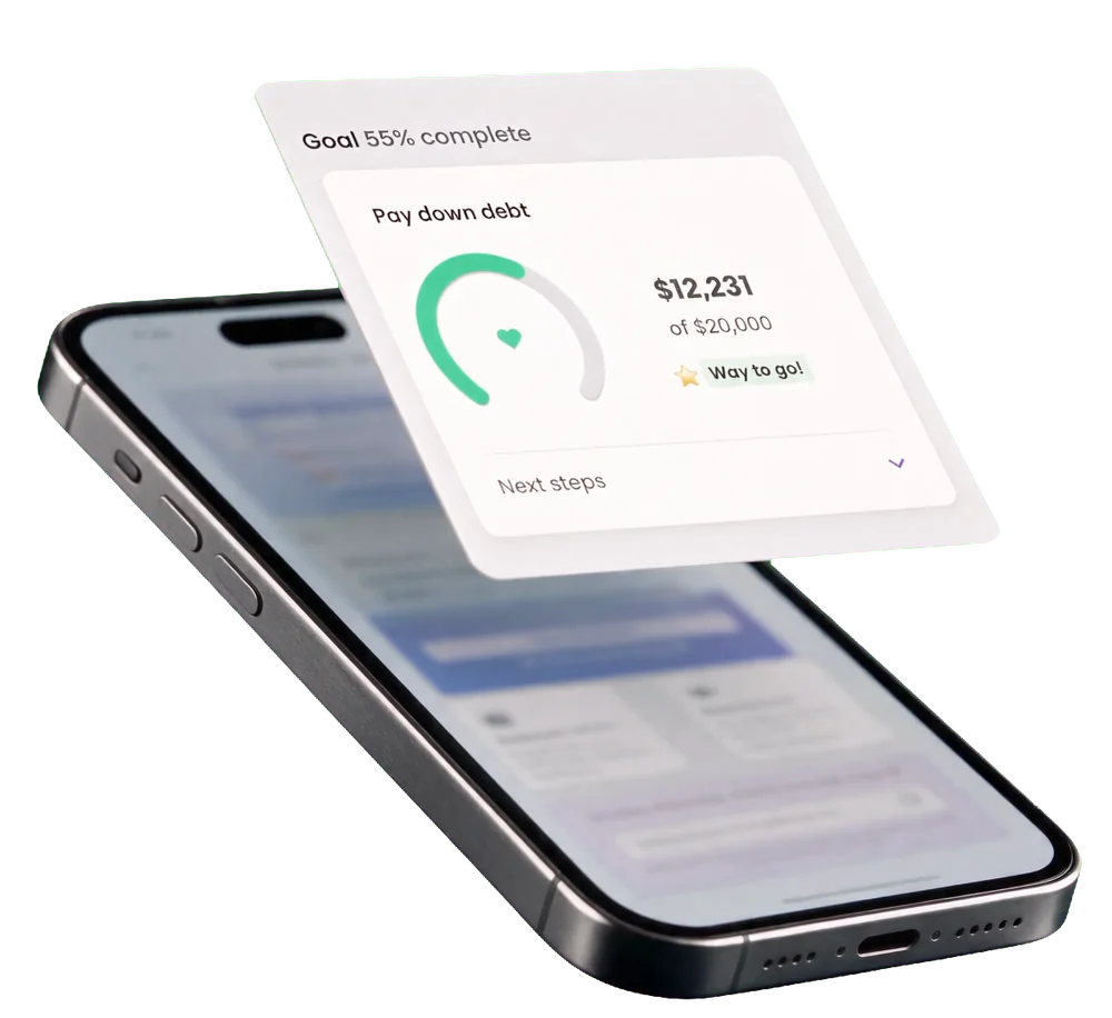Plannery app showing a debt payoff goal 55% complete