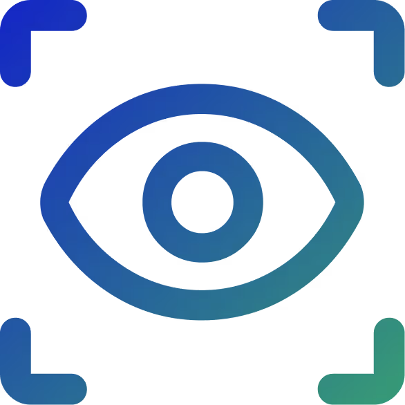 Blue and green gradient icon of an eye within a focus frame representing vision or visibility.