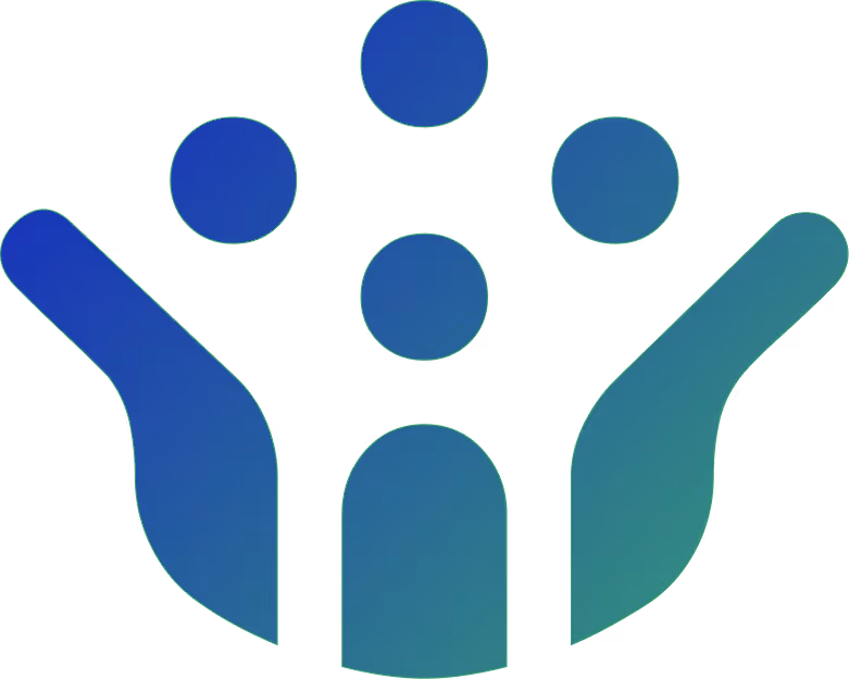 Abstract icon of five human figures in a circle with raised arms, symbolizing community or teamwork.