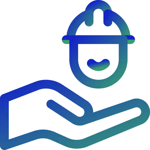 Hand holding a smiling person wearing a safety helmet icon.