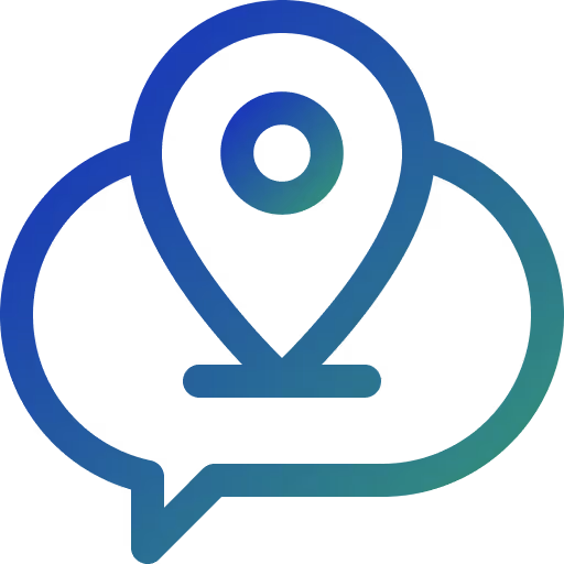 Gradient blue and green location pin inside a speech bubble icon.