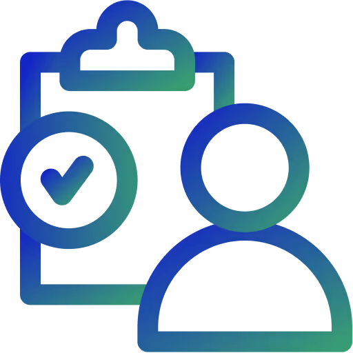 Icon of a person silhouette next to a clipboard with a checkmark on it.