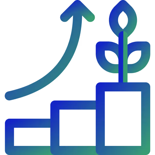 Growing bar chart with a plant and upward arrow symbolizing growth and progress.