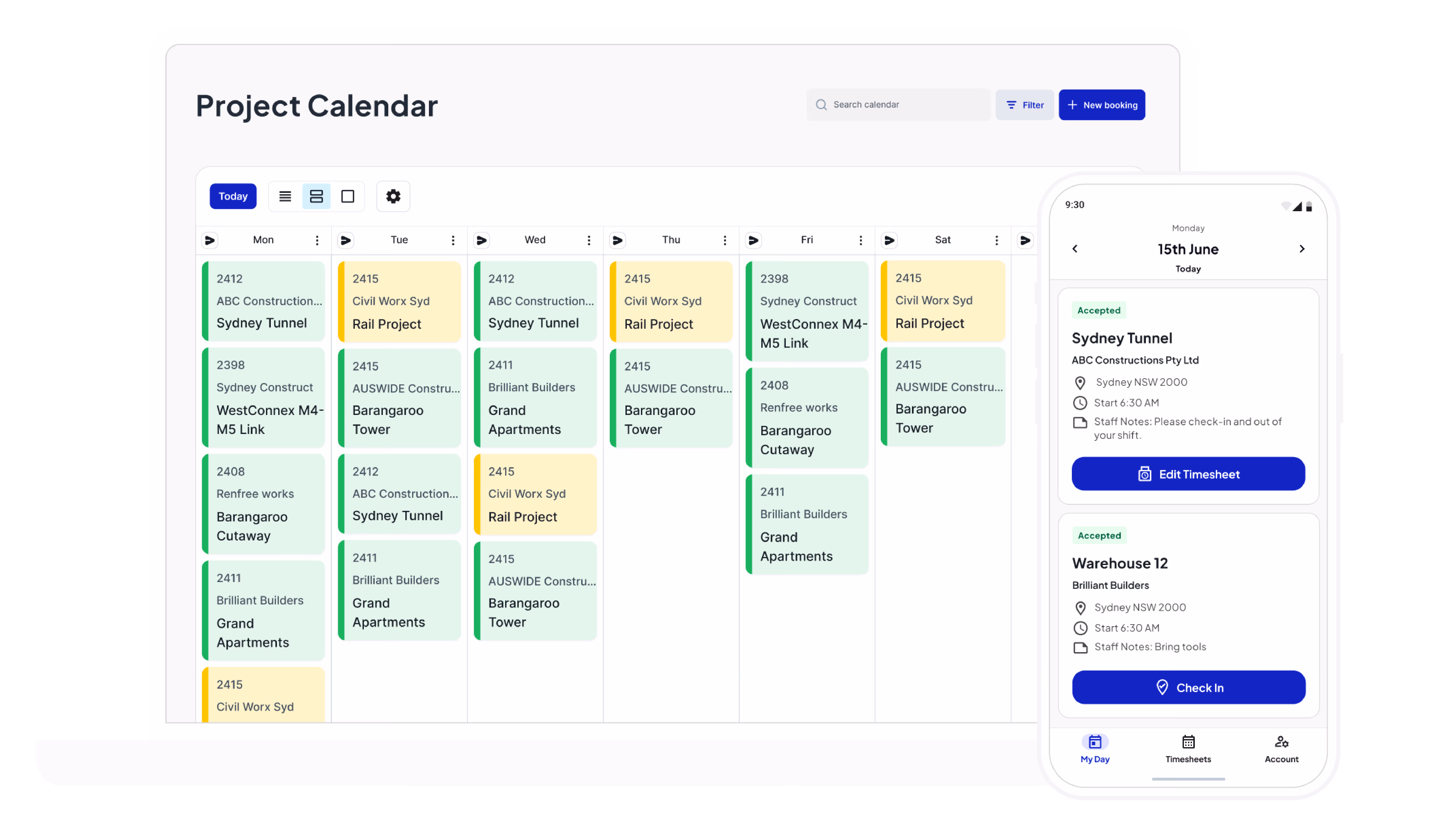 Neo project calendar showing construction job scheduling on desktop and mobile app