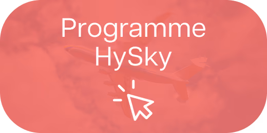 Bouton rouge avec avion en arrière-plan et texte 'Programme HySky' avec icône curseur clic.