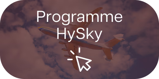 Programme HySky avec un avion volant dans un ciel nuageux et une icône curseur.