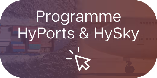 Programme HyPorts et HySky avec icône de curseur cliquable sur fond de port et avion.
