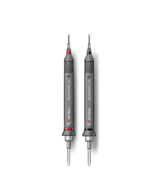 Two gray electrical test probes with pointed metal tips and black grips.