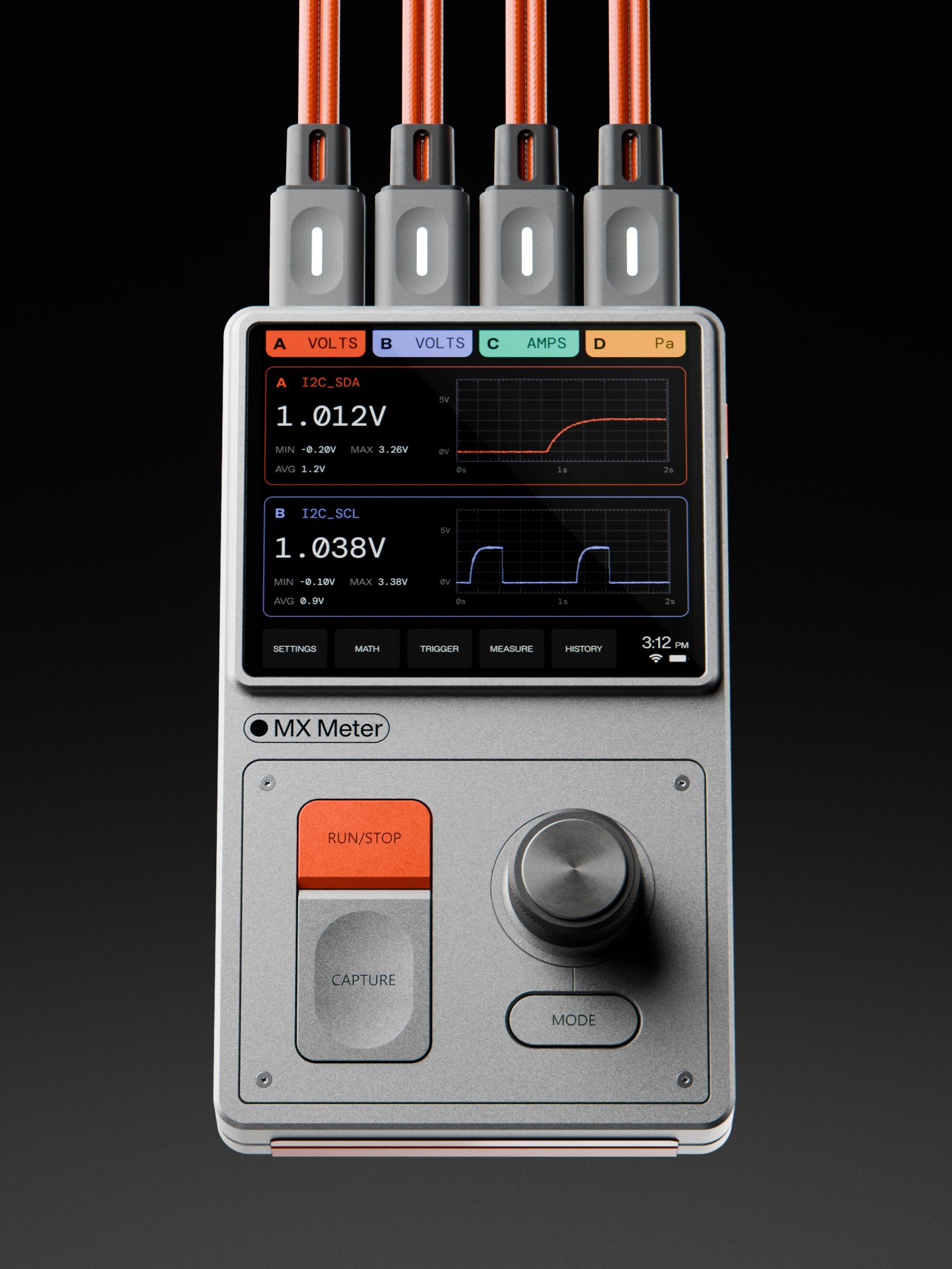MX Meter device displaying voltage measurements and waveforms for I2C_SDA and I2C_SCL on a color screen.