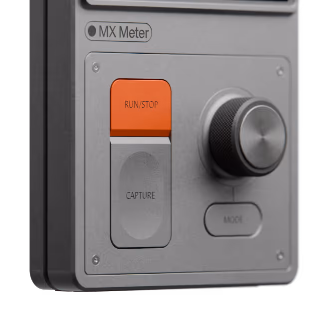 Control panel of MX Meter device showing a red RUN/STOP button, a white CAPTURE button, and a round knob with MODE button.