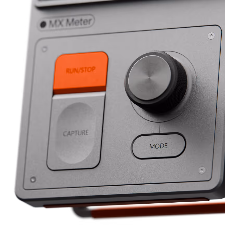 Control panel of MX Meter featuring RUN/STOP, CAPTURE buttons, a rotary knob, and a MODE button.