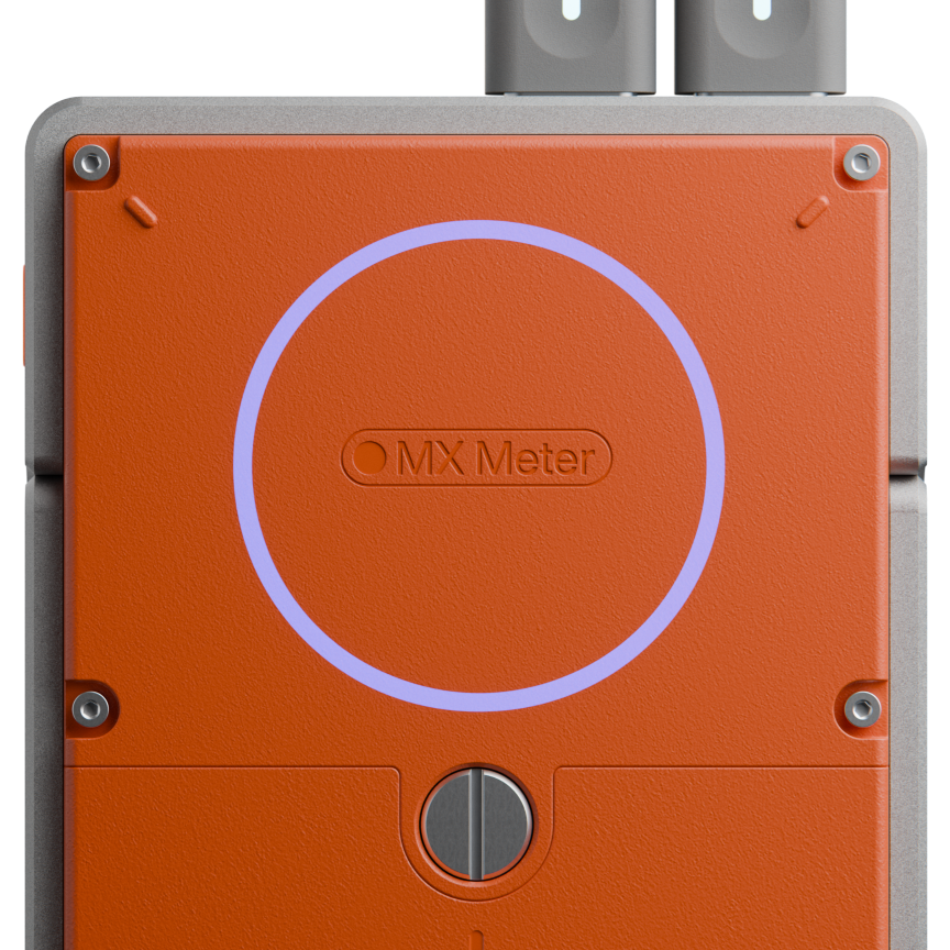 Close-up of an orange MX Meter device with a glowing circular light and a grey screw below it.