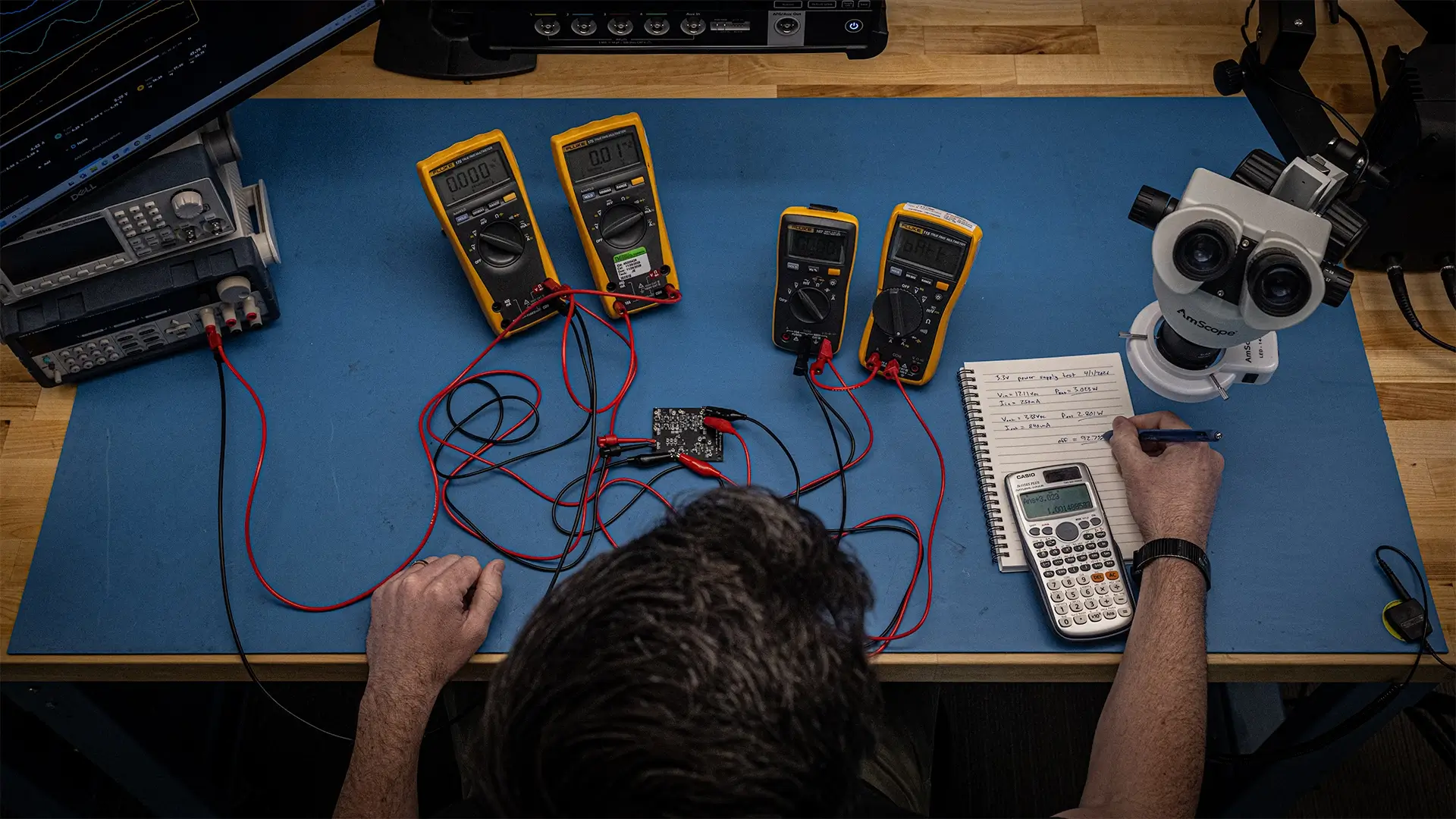 Person at a workbench using four digital multimeters and a calculator to test an electronic circuit board.
