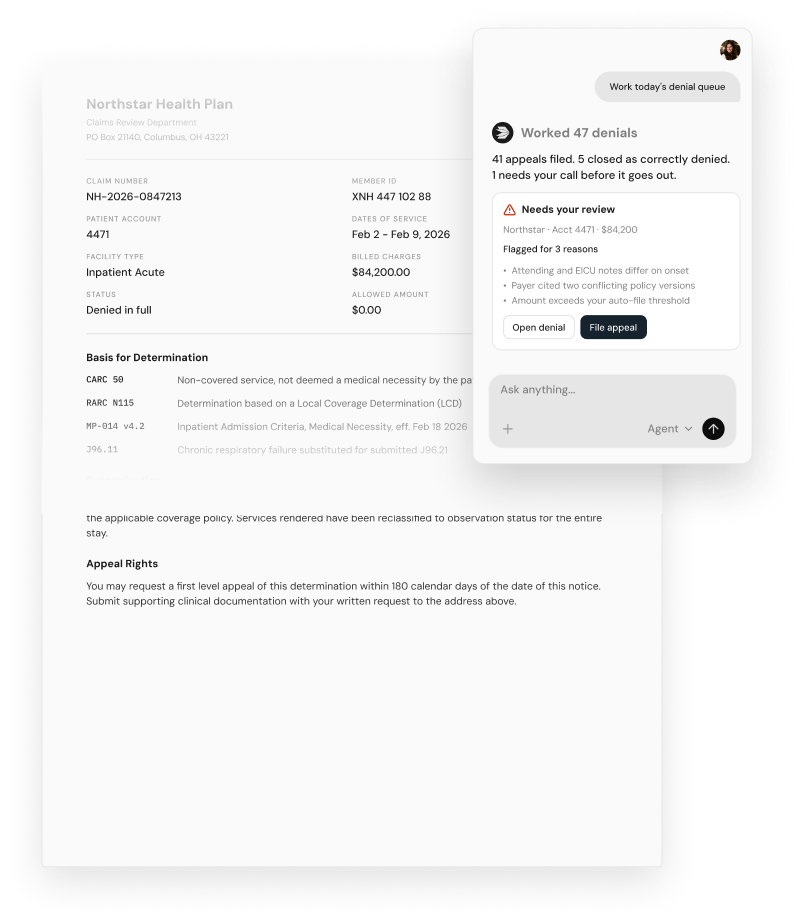 A medical insurance denial document from Northstar Health Plan showing a claim and a cofactor copilot chat interface doing the work.