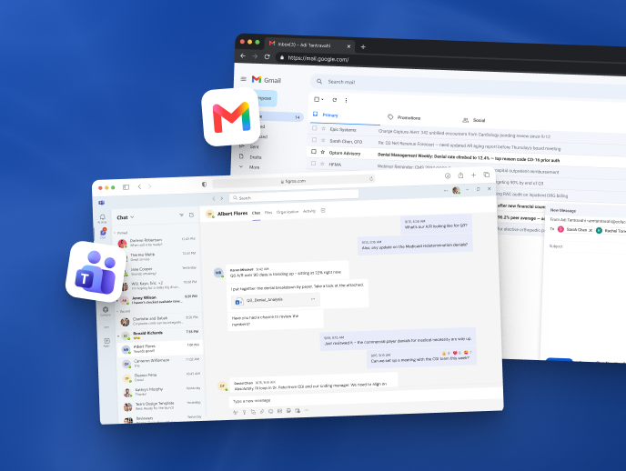 Computer screen displaying overlapping windows of Gmail inbox and Microsoft Teams chat with conversation messages, including icons for Gmail and Microsoft Teams floating nearby.