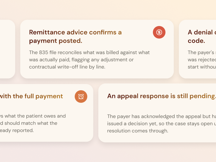 Text boxes explaining payment and appeal statuses: 'Remittance advice confirms a payment posted.' explaining the 835 file reconciling billed and paid amounts; partially visible texts about denial codes, patient out-of-pocket amounts, and pending appeal response.