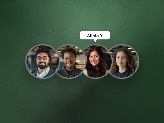 Portrait photos of four diverse people in circular frames on a green background with a label above the third circle reading 'Alicia Y.' showing member access.